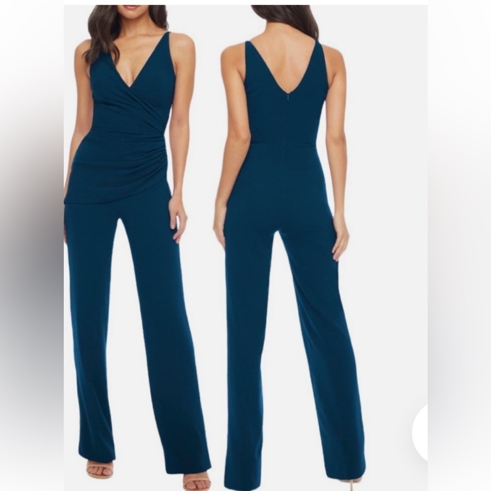 Dress The Population~Peacock Blue~Crepe~Surplice Neck~
Ruched~Jumpsuit~Size XS
